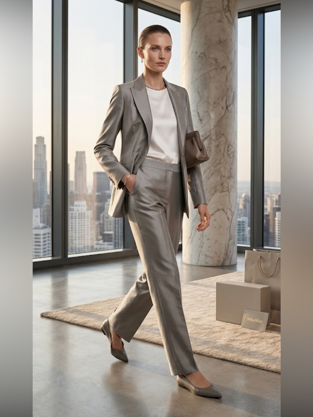 'S Max Mara Women's Size 12 Flat Front Trouser Pants Gray Silk Cotton Blend Flaw